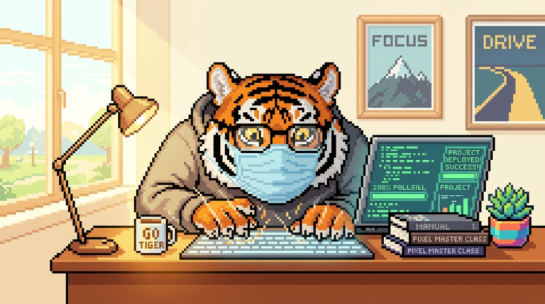 机に向かってブログに関して勉強する筆者