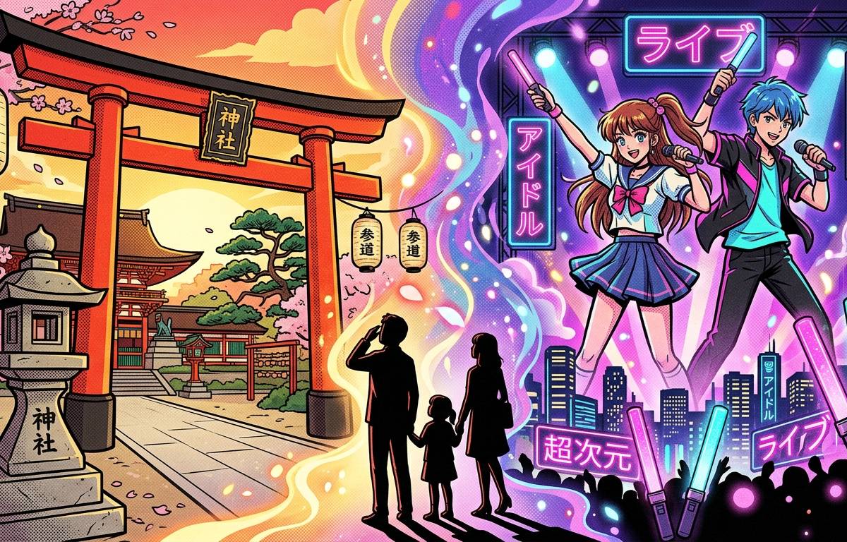 alt="日本の八百万の神の思想と現代のアイドル・VTuber推し活文化が融合する様子を表現したイラスト。 伝統的な神社と現代的なポップカルチャーが調和している"
