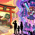 alt="日本の八百万の神の思想と現代のアイドル・VTuber推し活文化が融合する様子を表現したイラスト。 伝統的な神社と現代的なポップカルチャーが調和している"