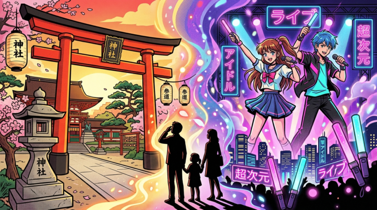 alt="日本の八百万の神の思想と現代のアイドル・VTuber推し活文化が融合する様子を表現したイラスト。 伝統的な神社と現代的なポップカルチャーが調和している"