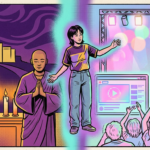 alt="推し活と宗教信仰の似て非なる関係を視覚化したイラスト。 伝統的な信仰と現代のファン文化が境界線上で共存している"